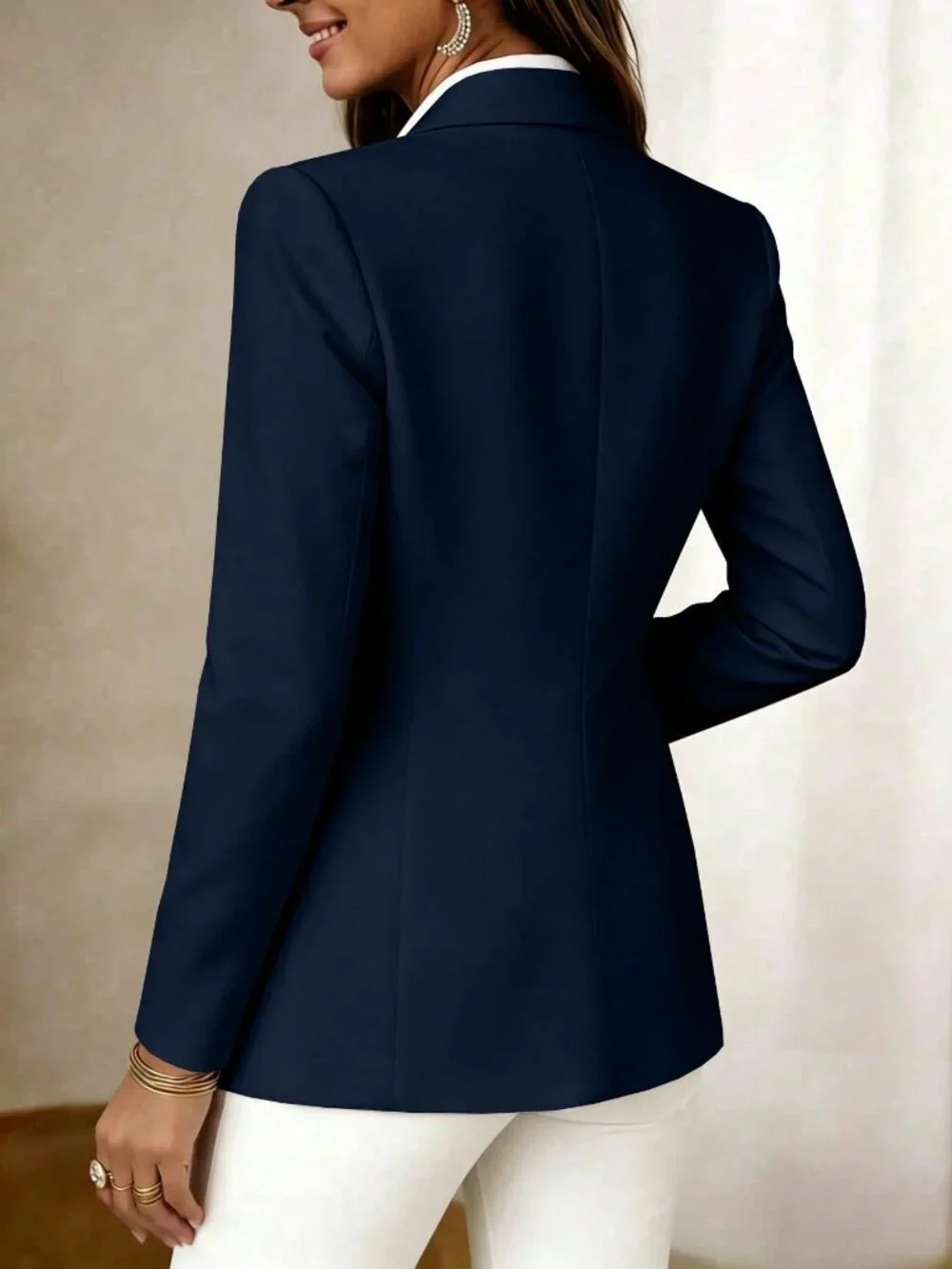 Navy Blue Elegant Women's Long Sleeve Lapel Button Jacket